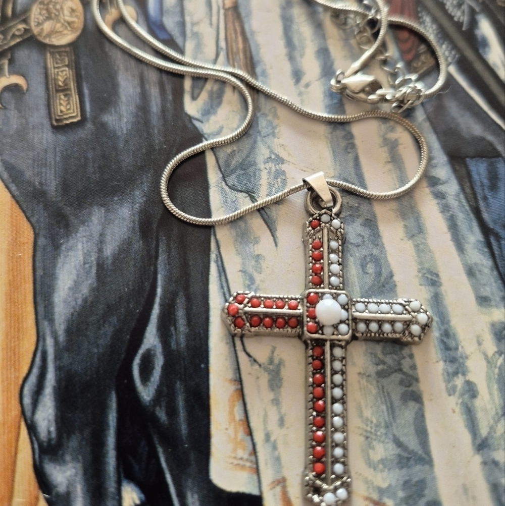 Striking Red and Silver Cross Necklace with Sparkling Stones